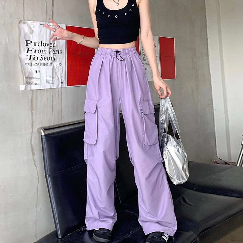 Vintage matching oversized womens wide leg pants with low waist brushed cargo Y2K hiphop streetwear casual chic sports 250414Z