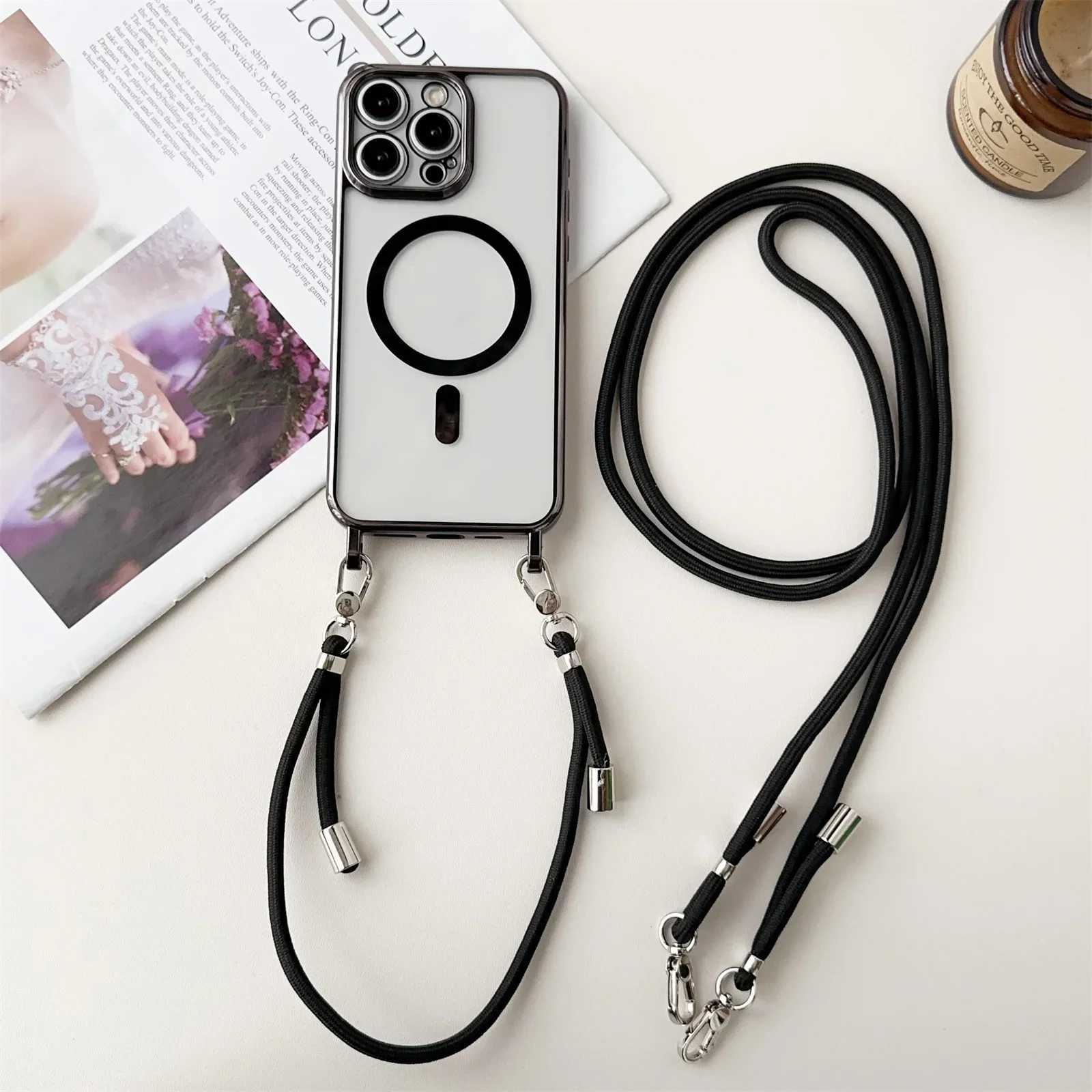 For iPhone 17 Air 16 e 15 Pro Max 14 13 12 11 Phone Case Lanyard Wrist Strap For Crossbody Magnetic Plating Clear Cover J251202