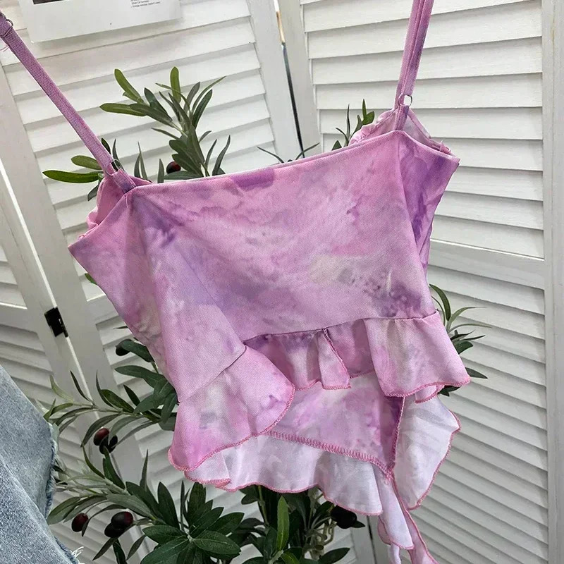 s Sweet Ruffles Mesh Camisole Top Lady Camis Sleeveless Printed Floral T shirts Stretch Slim Tanks For Slim Women 250415