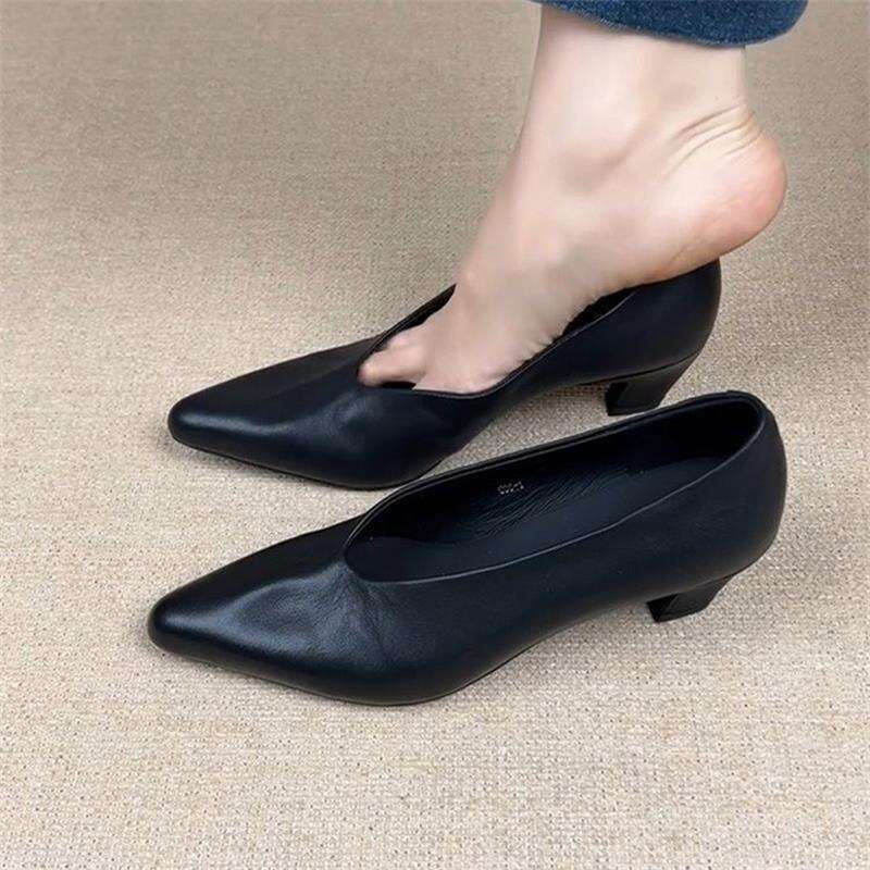 Low Designer Shoe Heels for Women 2025 Fall Leather Comfortable Pointed Toe Work Shoes Soft Sole