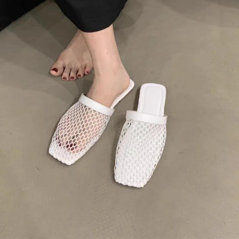 Womens Slippers Flat Sole Large Mesh Upper Square Toe Womens Mules Dress Daily Commute Roman Cover Toe Zapatillas De Mujer 250411