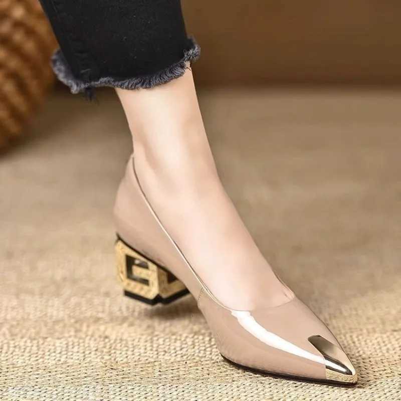 Designer Wen Shoes Pumps High H Shoes Wan Spring Summer Shoes for Wen French Patent Leather Metal Pointed Single Shoe Y251115