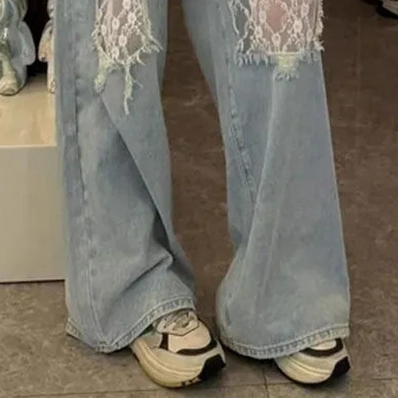 Womens open top jeans lace patchwork washing fashionable casual jeans womens fashion high waisted straight denim shorts 250415