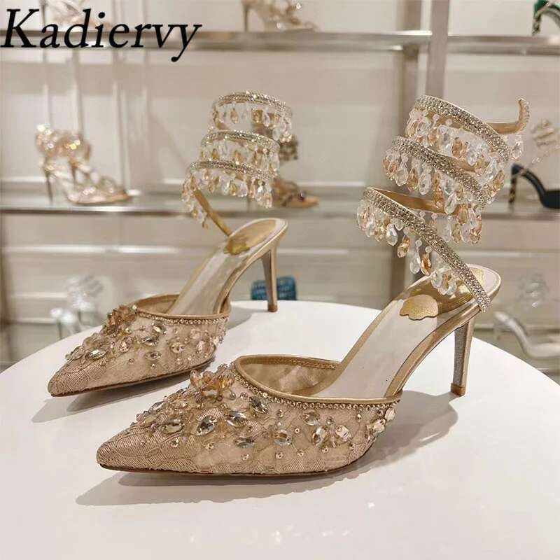 Summer High Heels Women Crystal Pendant Snake Twine Around Ankle Strap Party Shoes Pointed Toe Mesh Pumps Sandals Woman