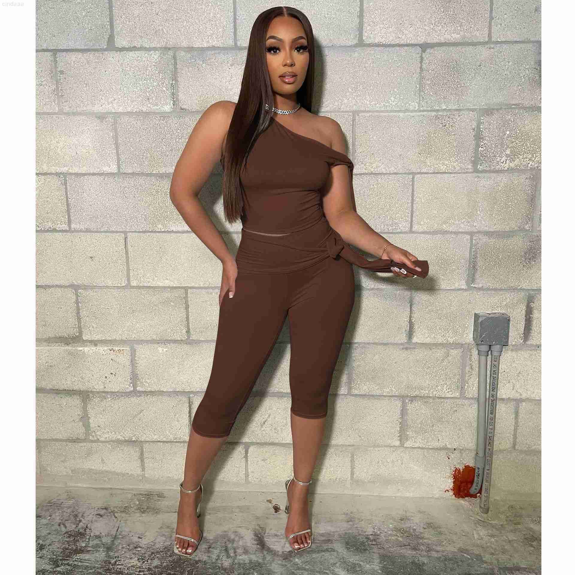 Womens Tracksuits Two Pieces Set 2025 Summer New Slant Shoulder Strap Casual Fashion Solid Color Set
