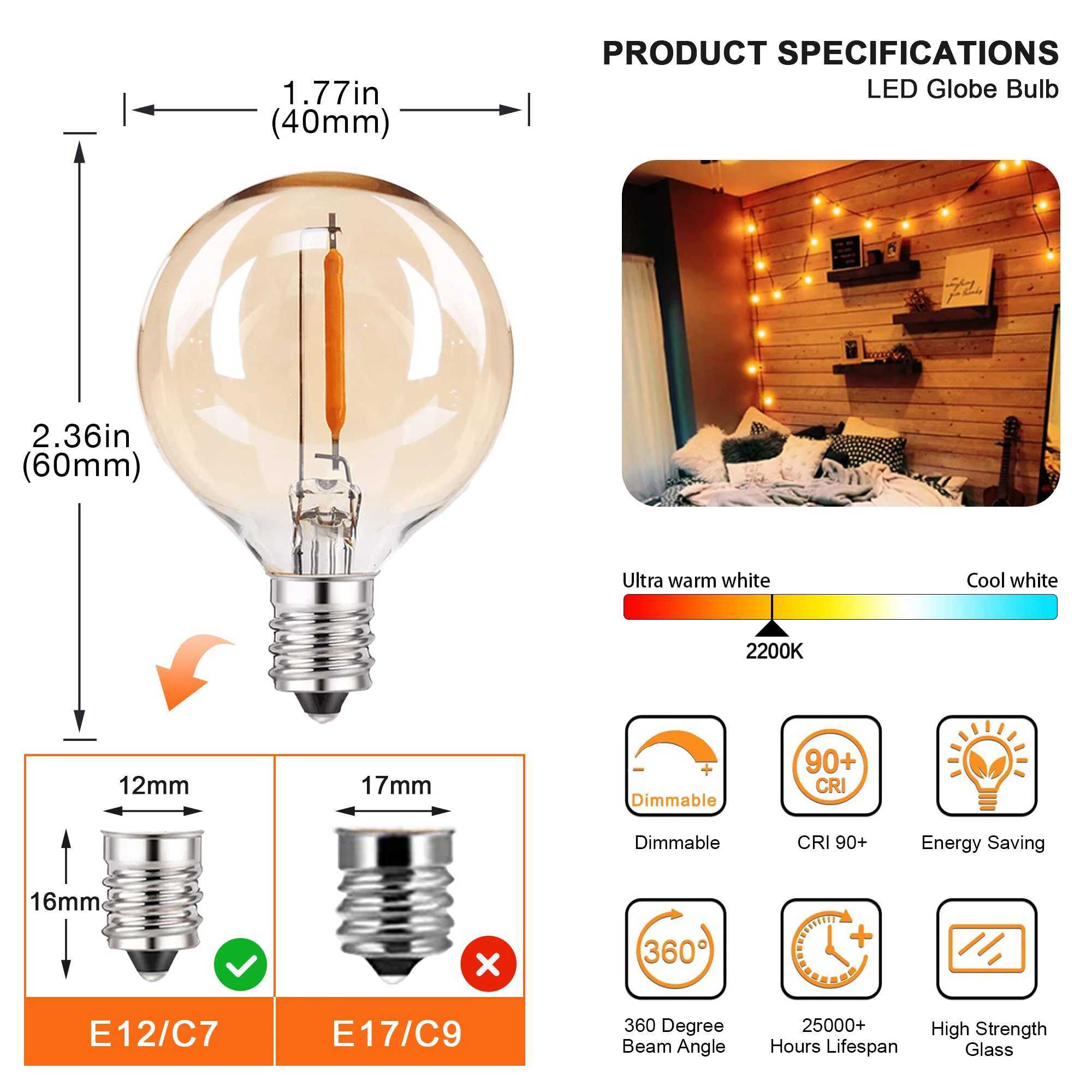 G40 String Light Replacement Bulbs E12 Base Low Watt Gold Tint Glass Dimmable Warm 2200K Decorative Led Fairy Outdoor Light Bulb C251115