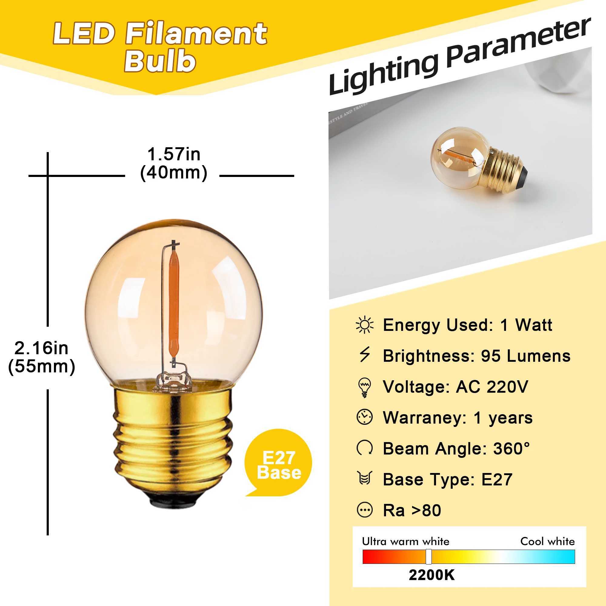 Vintage Globe Light Bulb G40 1W Equal to 10 Watts Led Filament Bulb 2200K Warm White 220V Gold Tint Glass E27 Base Dimmable Lamp C251115