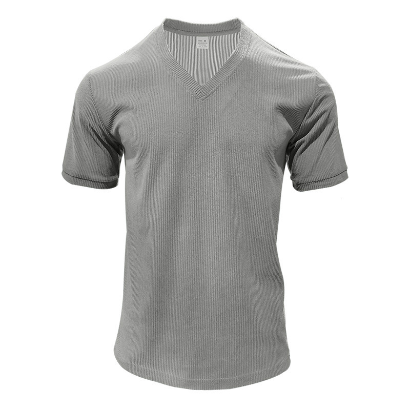 Men's corduroy short sleeved summer V-neck solid color slim fit casual T-shirt men's top