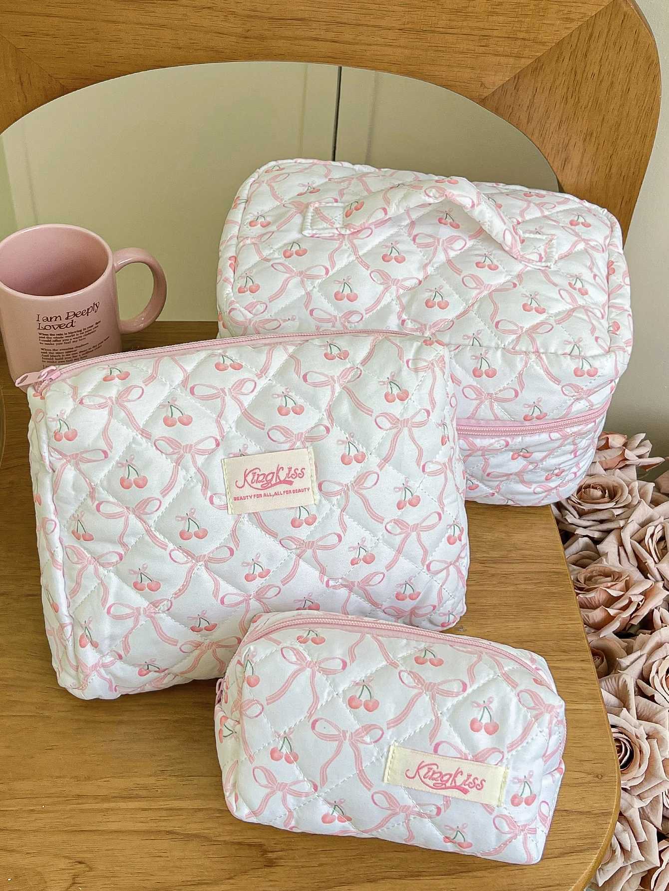 1 piece/set of pink bow tie and cherry print quilted large capacity makeup bag customizable portable makeup bag for girls travel makeup bagXJ250415