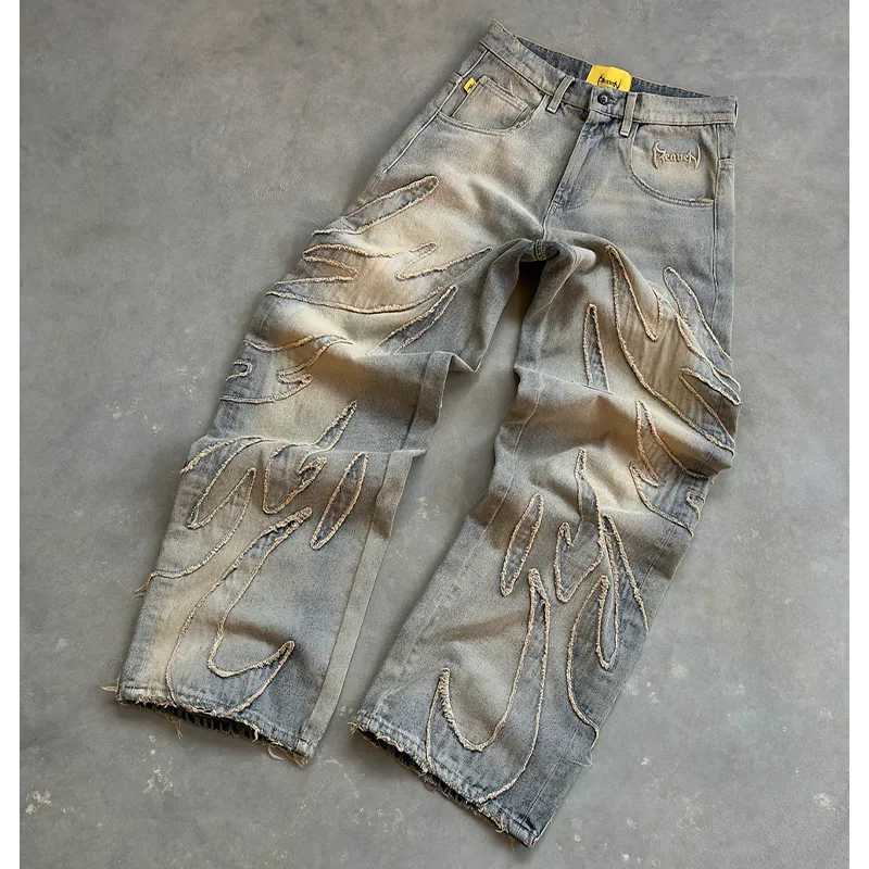 Y2K bag jeans Gothic retro patch works Embroidered wide leg pants High quality fashion American mens hip-hop strt clothing X250415