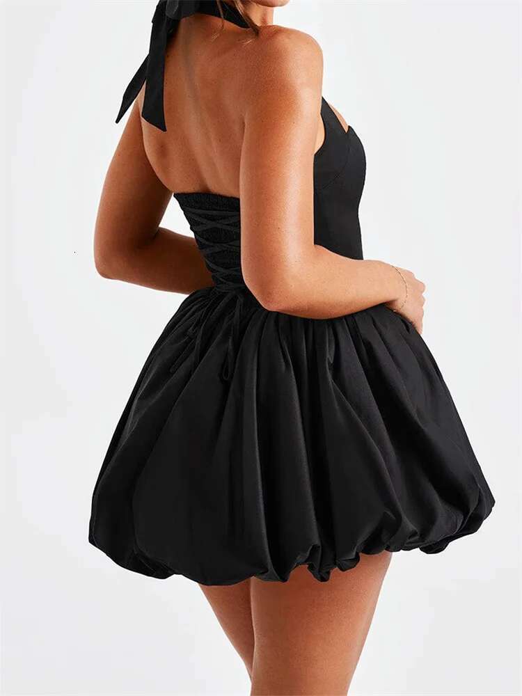 Women Halter Summer Tie Up Sleeveless Backless Corset Bubble Dress For Party Evening Club Streetwear