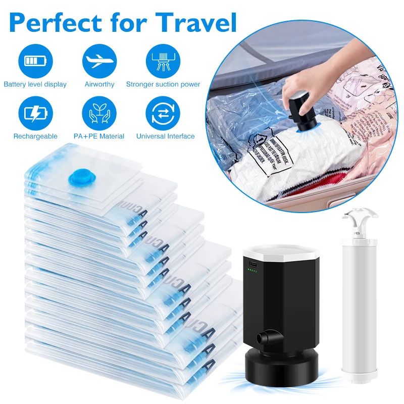 Vacuum Storage Bags 8-18Pc Space Saver Bag Travel Rechargable Air Pump Various Seal Bag Pump for Compress Clothe Blanket Luggage 250407
