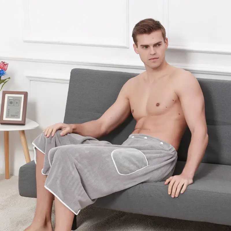 Mens Coral Fleece Bath Towel Set - Thickened Super Absorbent Non-Shedding Robe TowelSnap Button Adjustable for Gym/Sauna/SPA C251115