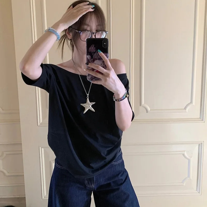 T-shirts Women Niche Off Shoulder Solid Short Sleeve Summer Chic Loose Casual Daily Simple Sexy Korean Trendy Street Tops 250415