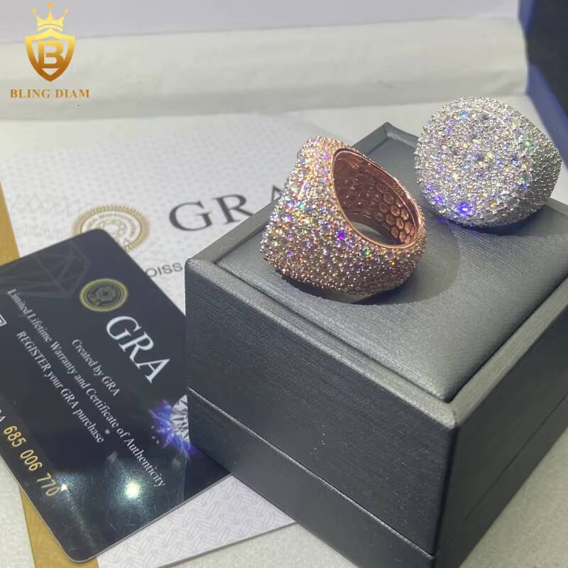 HipHop Jewelry 925 Sterling Silver Moissanite Ring Men Iced Out Moissanite Ring Round Brilliant Cut Pass Diamond Test with GRA