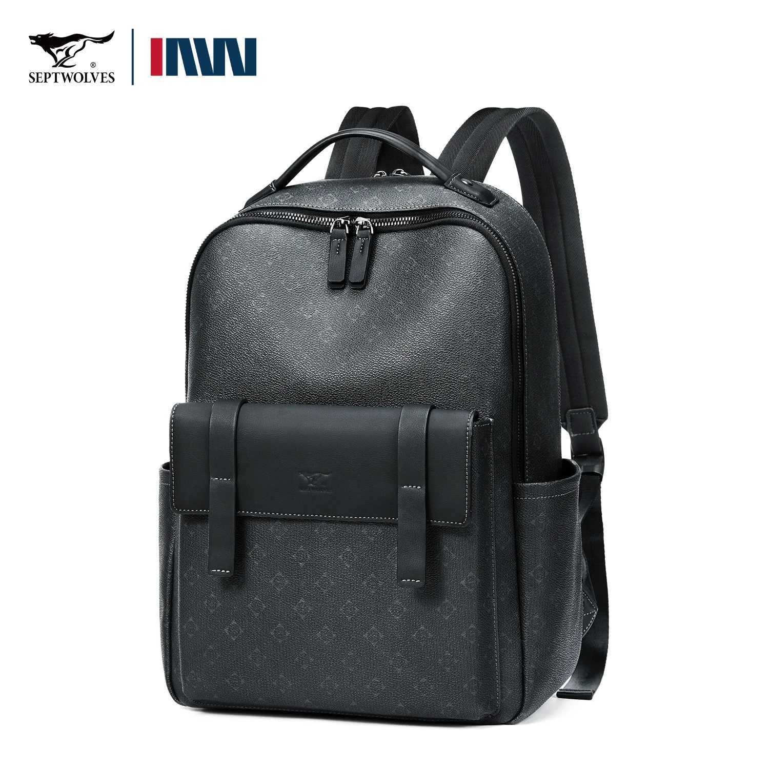 Septwolves Luxury Leather Backpack for Men Monogram Printed Stylish Laptop Backpack 15 Inch Travel Bag Black Business BackpackW251114