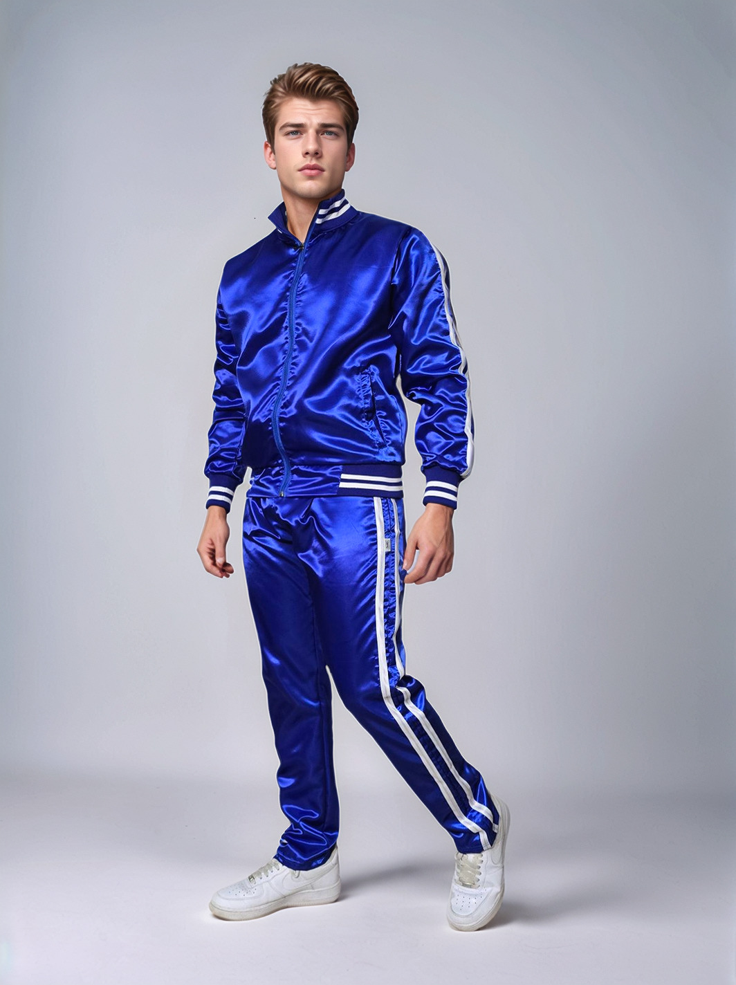 Blue Shiny Royal Satin Tracksuit with White tripes for men and women