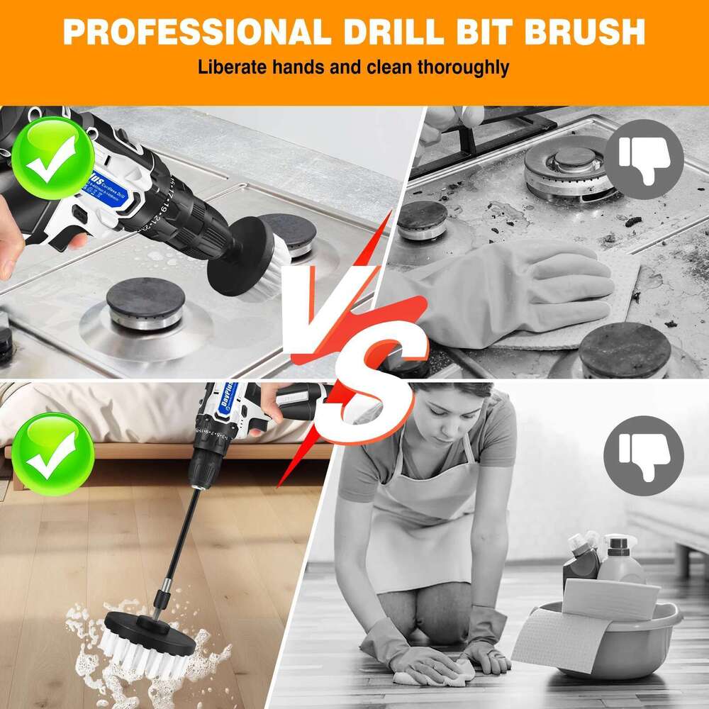 Dayplus 2-In-1 Cordless Drill & Electric Spin Scrubber Cleaning Combi Set W/Battey And Charger 25+1 Keyless,6Pcs Brush