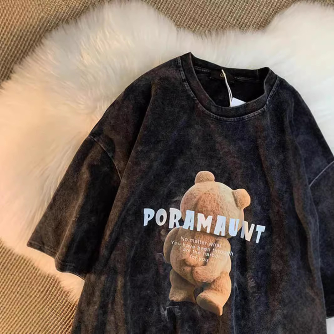 2025 Designer Women's Washed Off Shoulder T-shirt Short Teddy Bear Printed Short Sleeve T-shirt Fashion Brand Summer Loose Couple Half Sleeve Top