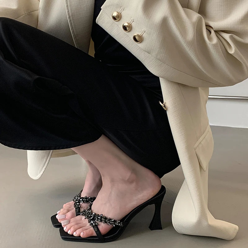 Summer Womens High Heels Fashion Crystal Open Lace Elegant Outdoor Evening Dress 250411