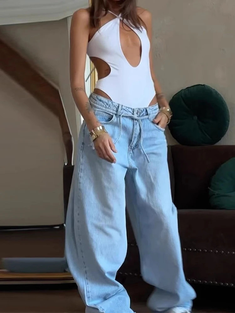 Light blue lace elastic low rise womens jeans loose fit wide legs drag and drop full-length denim pants summer Trouser 250415