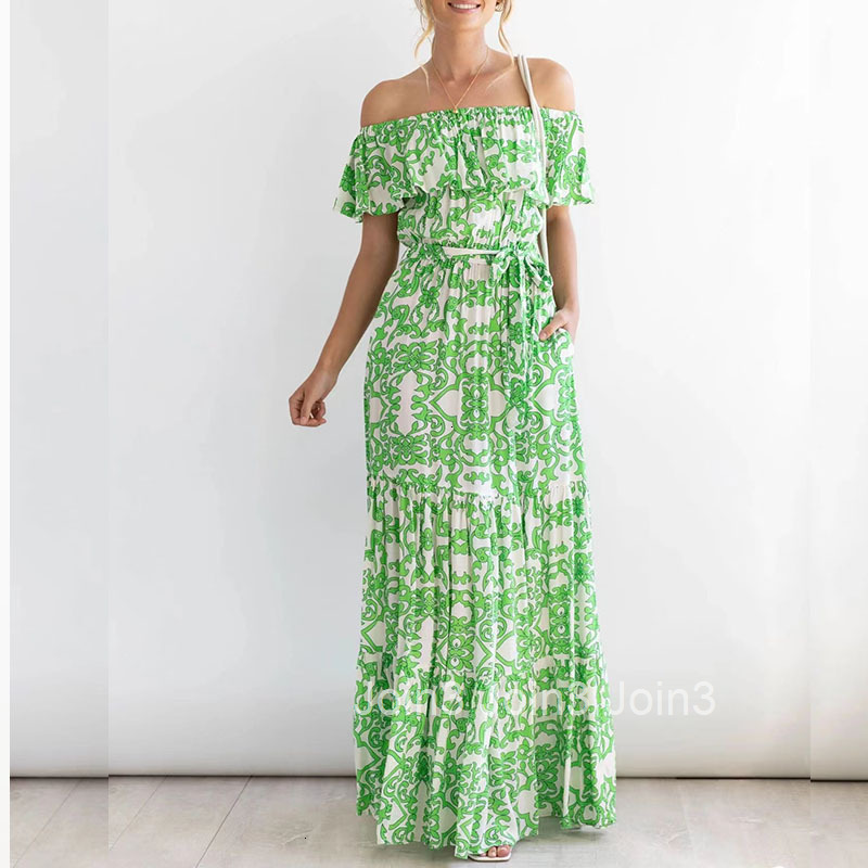 2025 New Dress Womens One Shoulder Short Sleeve Printed Lotus Leaf Edge Skirt