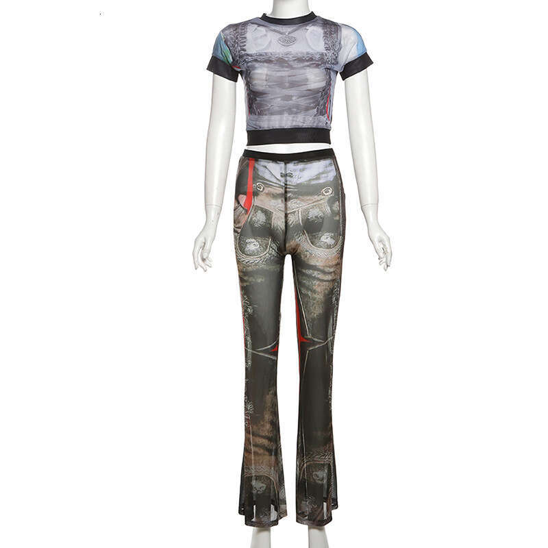 Women's Wear New Spring Women's Personalized Street Round Neck Short Sleeve Fashion Printed Tight Horn Pants Set