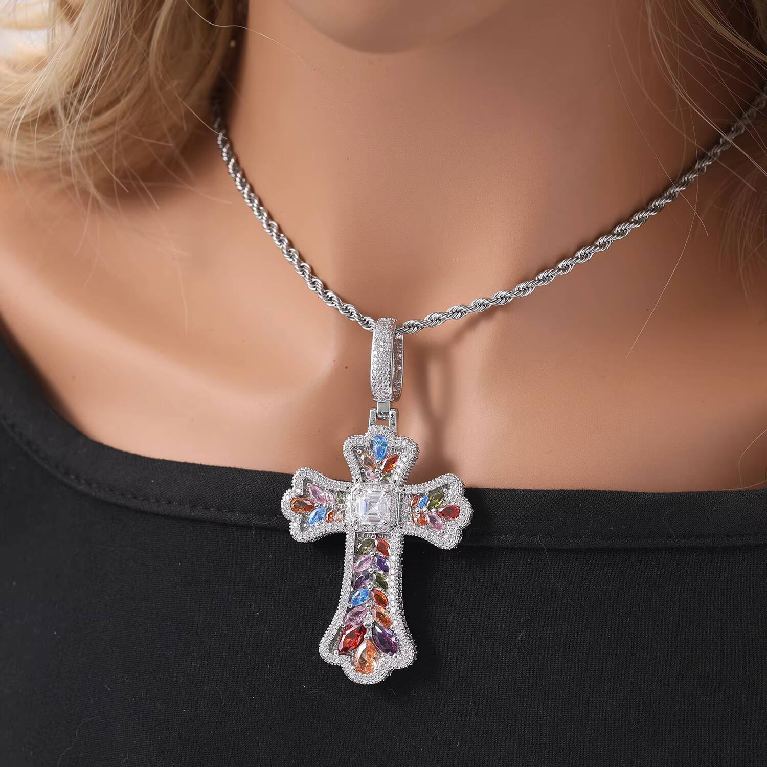 Hot Selling Colorful Cross Pendant with a Large Diamond Baguette CZ Waterproof Pendant Necklace for Gift