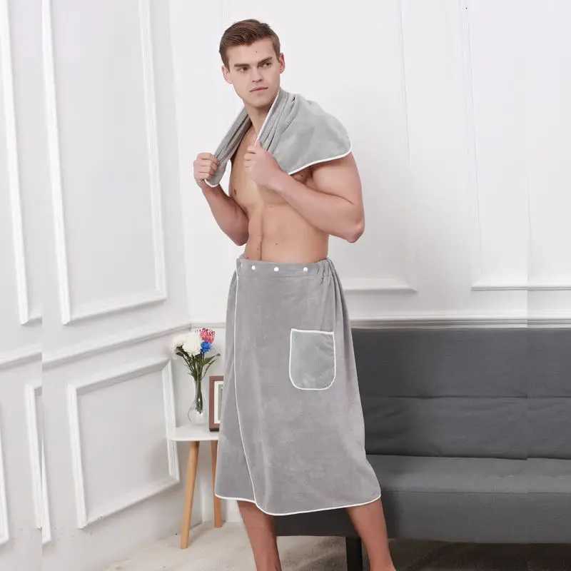 Mens Coral Fleece Bath Towel Set - Thickened Super Absorbent Non-Shedding Robe TowelSnap Button Adjustable for Gym/Sauna/SPA C251115