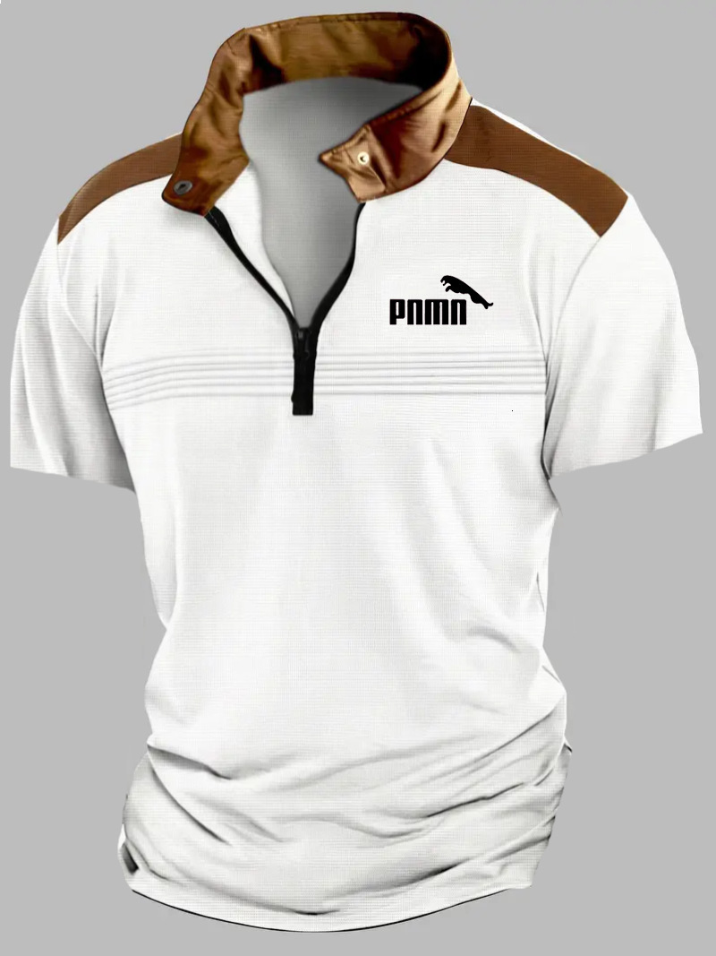 Summer Mens Polo Zipper Short Sleeve Fashion Splicing Chest Wrinkle Breathable Polo Shirt