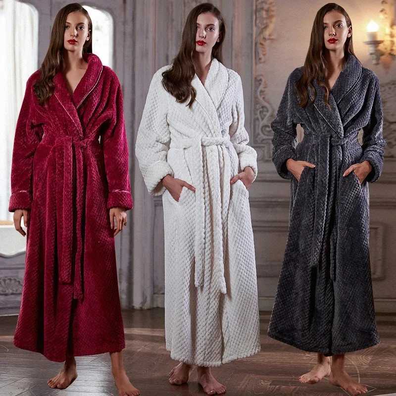 Women Extra Long Thermal Jacquard Flannel Bathrobe Winter Warm Plus Size Zipper Bath Robe Pregnant Dressing Gown Men Sleepwear C251115