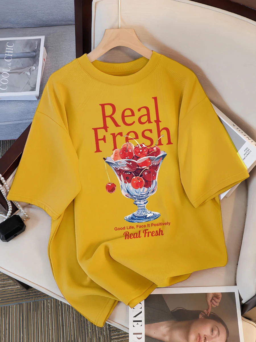 Real Fresh Cherry Fruit Cup Tee Shirts Female Comfortable Cotton T Shirt Fashion Casual Clothes Soft Street Short Sleeve 250415