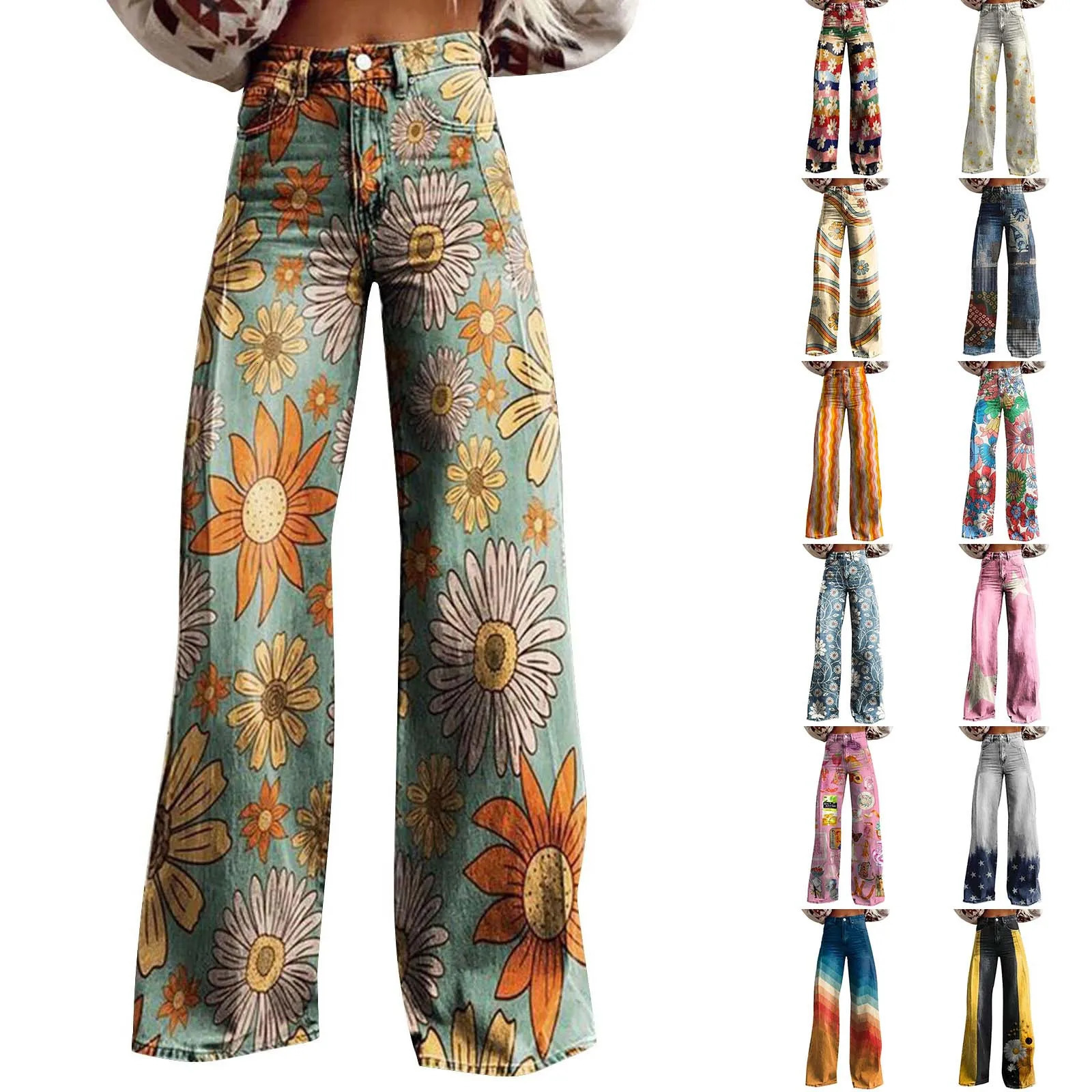 Womens wide leg Flare jeans with pockets retro floral print high waisted loose pants 250414