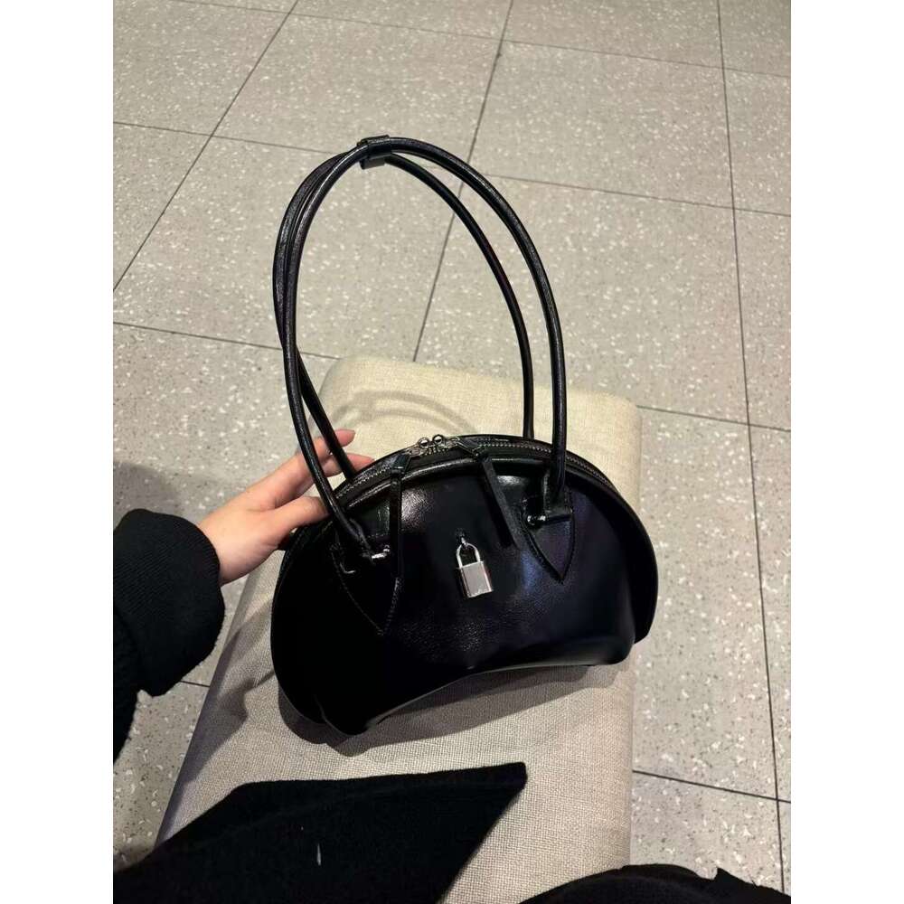 Mm Women's Bags Lock Up Bowling For Women New Model, Top Layer Cowhide Single Shoulder Underarm Bag, Niche Design, Genuine Leather Women's B