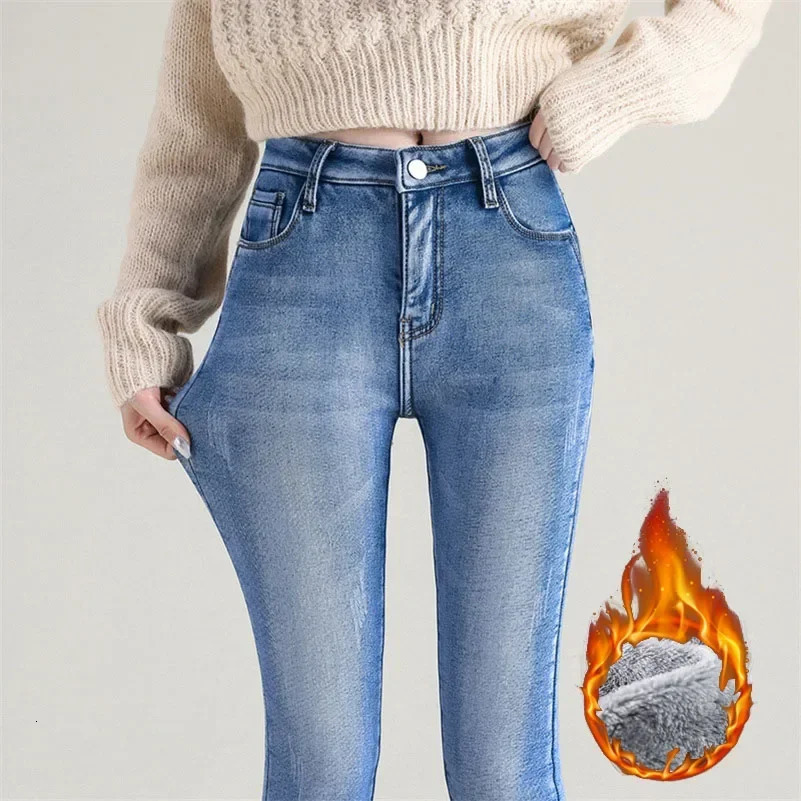 Womens jeans winter snow warm thick wool elastic tight pencil pants fashionable Korean slim fit velvet plush 250414