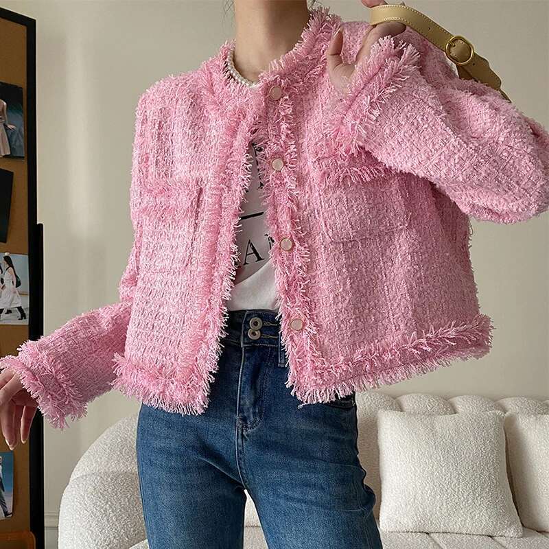 Designer Clothes Spring Autumn Long Sleeve Pink Tweed Jacket Women 2025 New Trend Tassel Raw Edge Design Elegant Cropped Wool Blend Coat