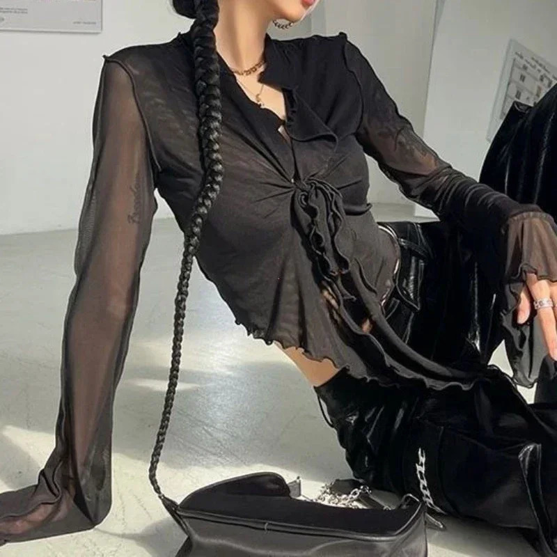 Long Flare Sleeve Blouses for Women Lace-up Mesh Sexy Sweet Girls Korean Fashion Style All-match Solid Elegant Casual 250415