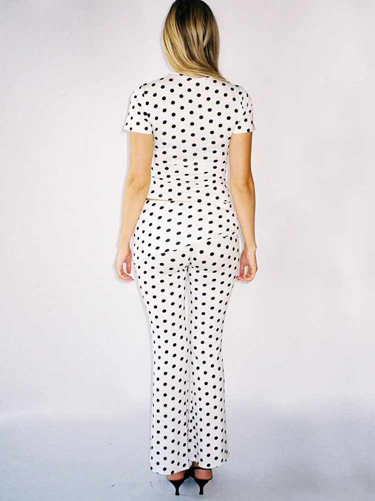 Absobe polka dot flash pants two-piece set womens crew short sleeved crop T-shirt folding splicing workwear Y2K casual set 250415