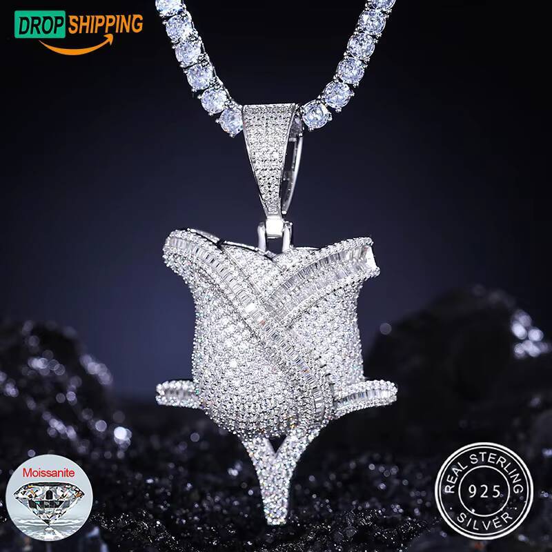 Dropshipping Moissanite Iced Out Rose Flower Pendant Pass Diamond Tester 925 Silver Men Bling Hip Hop Jewelry