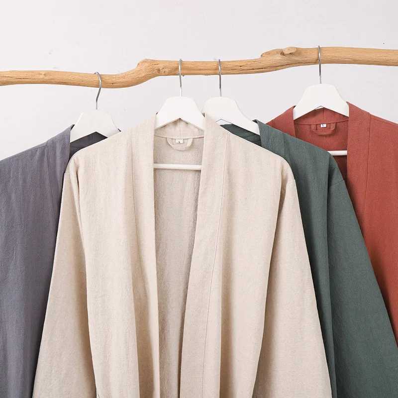 70 Cotton 30 Linen Kimono Bathrobe Nightgown 2025 New Loose Men And Women Dressing Gown Sleepwear Nightwear Solid Hotel Robe C251115