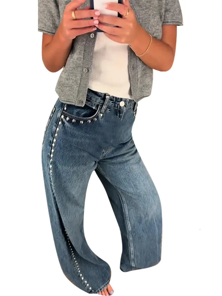 Fashionable womens side pearl decorated denim jeans high waist wide leg pants 2025 trend streetwear y mens style 250414