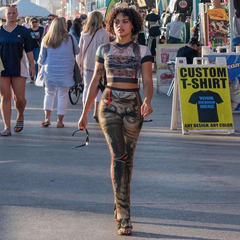 Women's Wear New Spring Women's Personalized Street Round Neck Short Sleeve Fashion Printed Tight Horn Pants Set