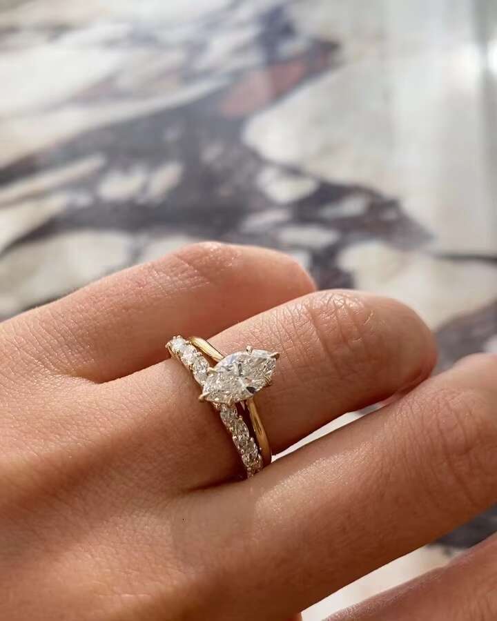 Cheap Simple G14k Yellow Gold AU585 Stackable Ring Sets Wedding 6x12MM 2CT Marquise Shape Moissanite Rings for Women