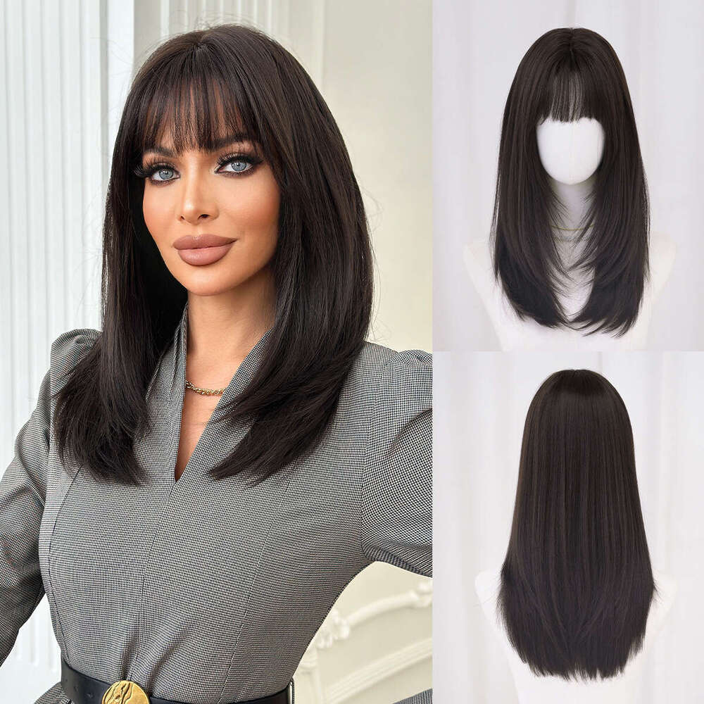 Women's Full Head Layered Black Tea Colored Wig with Air Bangs - Mid Length Straight Hair