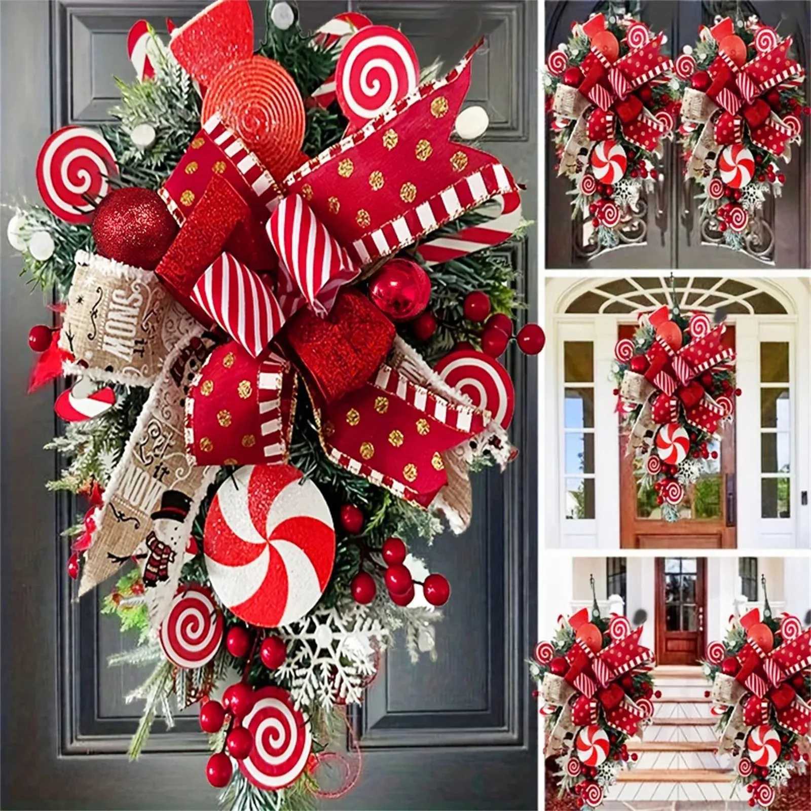 2025 Christmas Door Wreath Red And Candy Cane Teardrop Ornaments With Balls For Home Outdoor Decoration 3D Christmas FlowerM251115