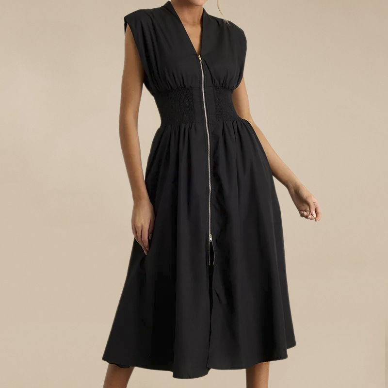 X42Chic Hepburn Fashion V-Neck Dress - Stylish High Waisted Skirt with Zipper Closure for Summer