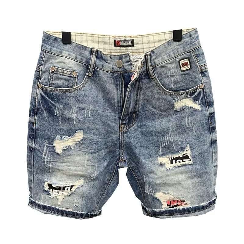 straight perforated denim shorts mens loose trendy instagram oversized cropped pants summer thin and scraped shorts