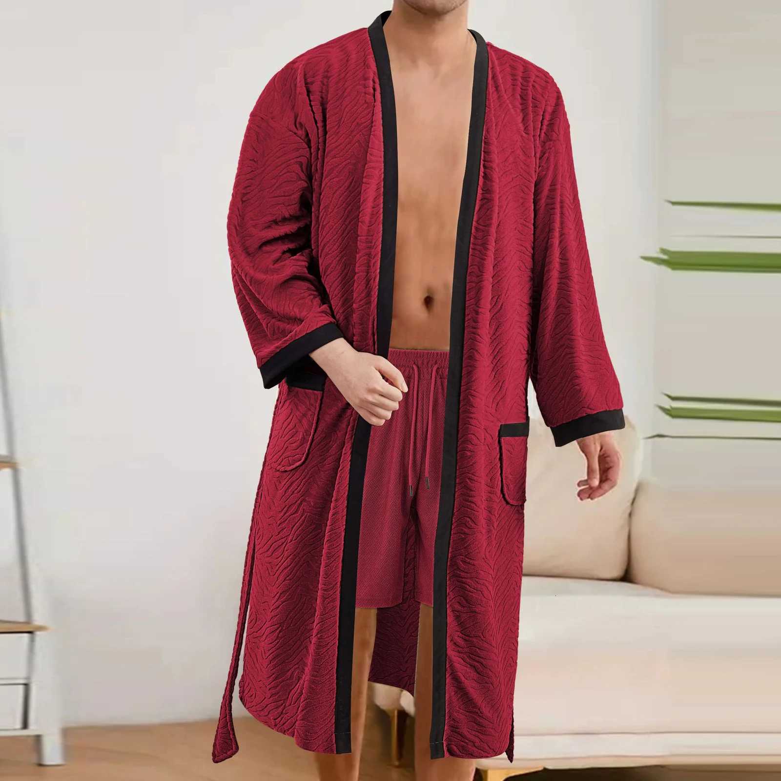 Mens Long Jacquard Soft Belted Bathrobe Solid Color Loose and Comfortable Bath Robe Male Autumn Winter Casual Homewear Pajamas C251115