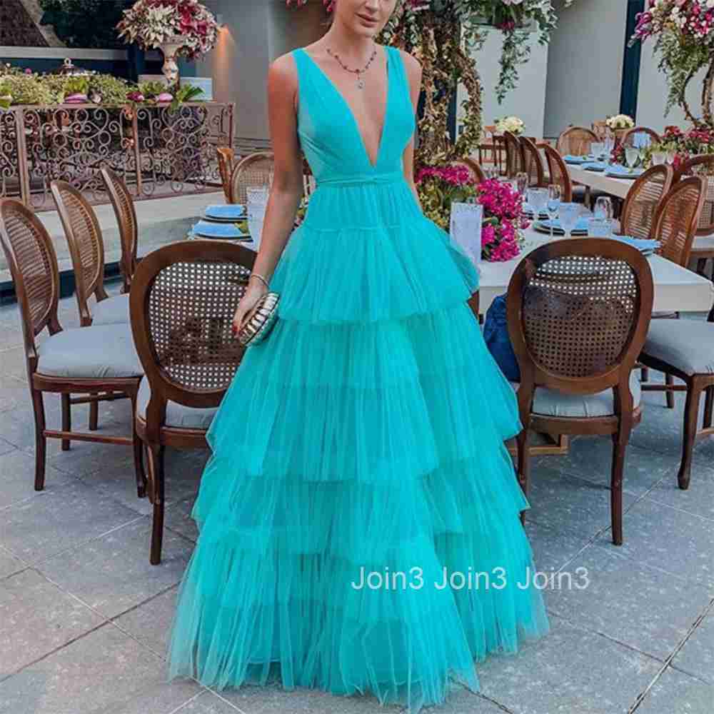 2025 Summer New Womens Dress Mesh Cake Skirt Strap V-neck Evening Dress