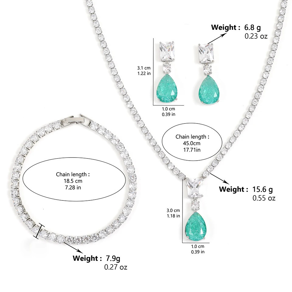 ZAKOL White Gold Color Tennis Choker Necklace Earrings Sets for Women Shinny Green Water Drop Zircon Wedding Jewelry 250414